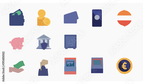 Colorful money and payment icon set with cashback wallet coins and digital banking elements vector