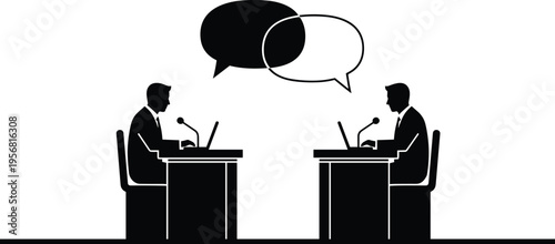 Silhouette of people debating at desks, communication artwork, dialogue vector illustration, negotiation design concept, public discourse discussion scene