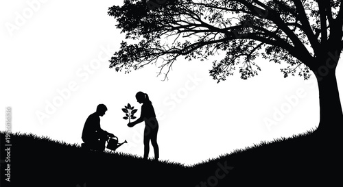 Silhouette of people planting tree together, environmental care artwork, teamwork nature illustration, conservation vector design, sustainability outdoor concept
