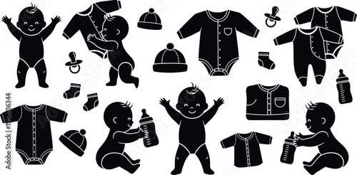 Baby Care Silhouette Vector Set with Infant Clothes, Bottle, Pacifier, and Cute Newborn Poses, Black and White Parenting Collection for Nursery Design