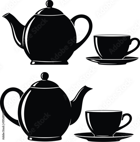 Silhouette teapot and teacup set, traditional tea ceremony design, black vector illustration, kitchenware, beverage, drinkware, cultural tea art