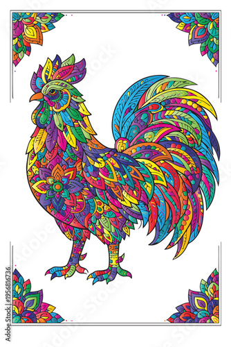 A detailed vector of a rooster featuring mandala patterns within its form, combining ethnic art style and ornamental lines to produce a balanced and artistic composition.
