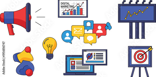 Digital marketing and business growth icon set with megaphone analytics charts social media communication laptop and target strategy elements isolated on white background vector illustration