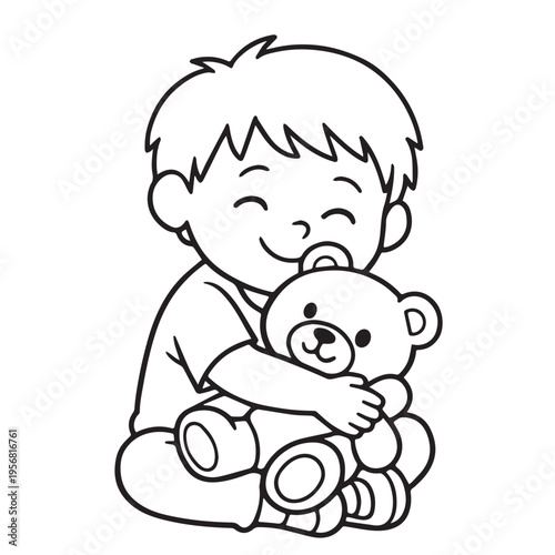 A cute simple vector illustration of a small boy holding his teddy bear, using soft shapes and clean lines to show affection, innocence, and a warm childhood feeling.
