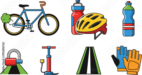 Cycling equipment and road safety icon set with bicycle helmet water bottles pump gloves and bike path elements isolated on white background vector illustration
