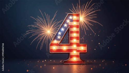 American flag number 4 illuminated sign with fireworks