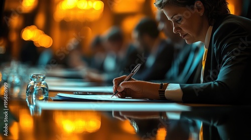 A focused professional in a suit writes on documents at a glossy conference table beneath warm amber lighting, with colleagues blurred in the background