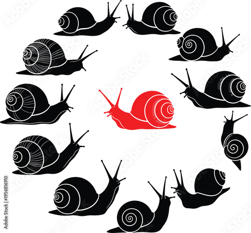 Snail silhouette circle, individuality concept, standout red snail, black snails pattern, symbolic art, decorative design, fantasy inspiration, uniqueness
