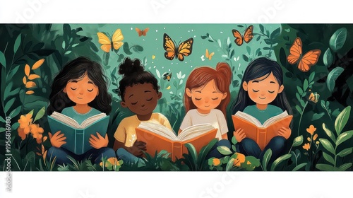 Four children sitting together in a lush green garden reading books, surrounded by butterflies and flowers, a peaceful scene of curiosity and shared imagination