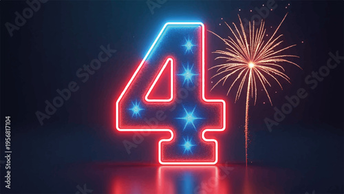 Neon number 4 with blue stars and red sparkler vector