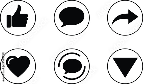 Social media UI icons illustration, thumbs up heart share symbols, communication interface artwork, digital app design, interactive platform elements