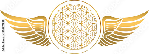 3D Elegant Style Golden Flower of Life with angelic wings, sacred geometric. Kabbalah divinity and harmony on a transparent background, ideal for spiritual designs.
