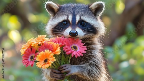 wide-eyed raccoon gently holding a bouquet of pink and orange daisies in a sunlit green forest, tender and adorable