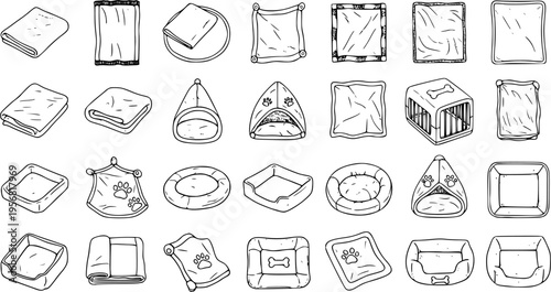 Hand-drawn collection of pet beds, blankets, mats, and shelters. Black and white doodle vector icons for dogs and cats.