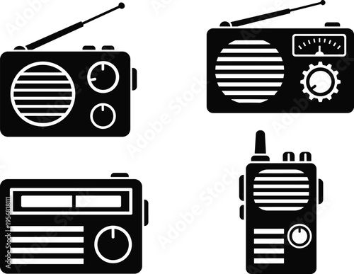 Black and white vector illustration of four different radio communication devices with antennas, dials, speakers, and tuning displays, artwork concept for technology, electronic