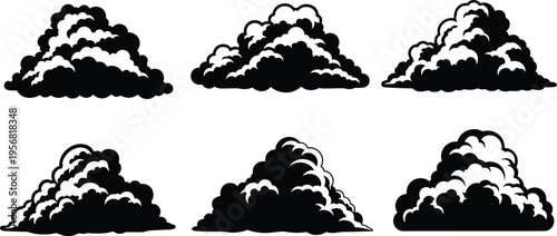 Cartoon cloud silhouettes collection in various shapes isolated on white background, sky weather elements set for design, illustration, atmosphere and nature themed graphics