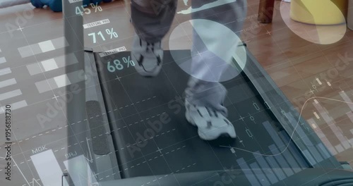 Child placing foot on moving belt, lower legs shifting feet while HUD charts tracking exercise