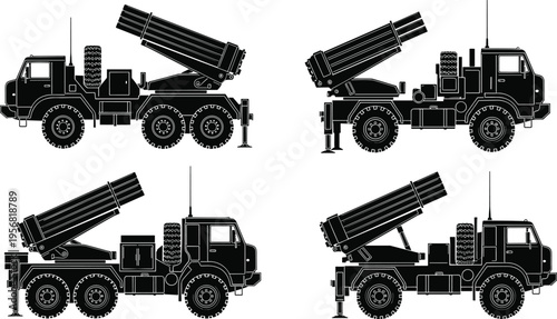 Black-and-white silhouette illustration of military vehicles with multiple rocket launcher systems, symbolizing defense technology, artillery deployment, warfare machinery, and creative 