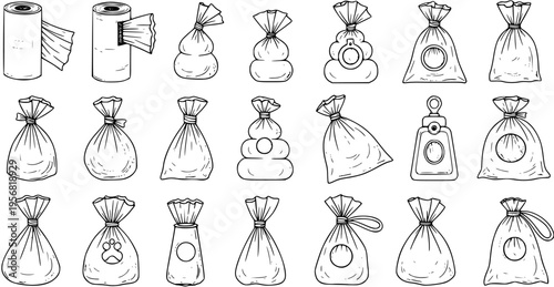 Collection of Hand-Drawn Pet Poop Bag Rolls and Various Tied Bags