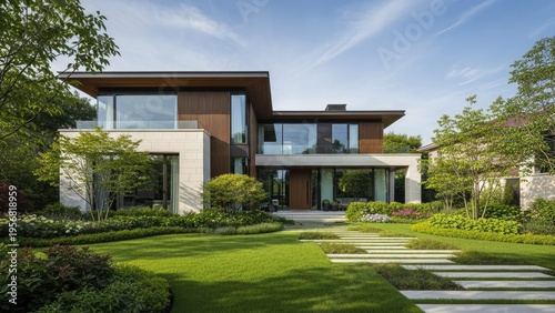 A modern two-story house with a beautifully landscaped garden and green lawn