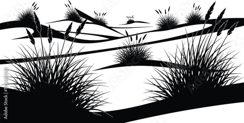 Black-and-white silhouette illustration of tall grasses with rolling hills, symbolizing prairie landscape, natural scenery, wilderness artwork, outdoor design, and creative decorative projects