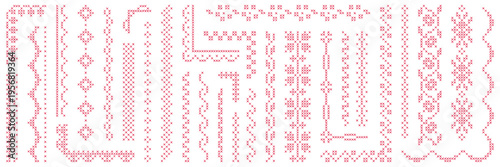 Hand drawn folk embroidered red needle borders and corners. Folk and flowers motifs needlework elements. Vector stitching collection overlays for creative project and work.