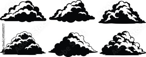 Cloud silhouettes set in different shapes isolated on white background, sky weather elements collection for design, cartoon style illustration, nature and atmospheric concept