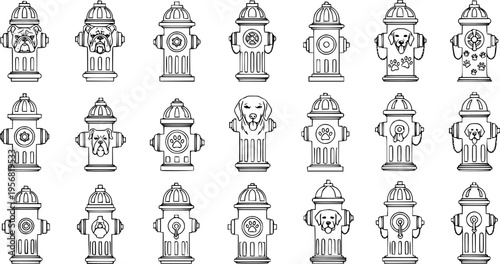 Black and white vector illustration of fire hydrants featuring various dog faces, paw prints, and bones in a detailed line art style, perfect for pet-themed designs.