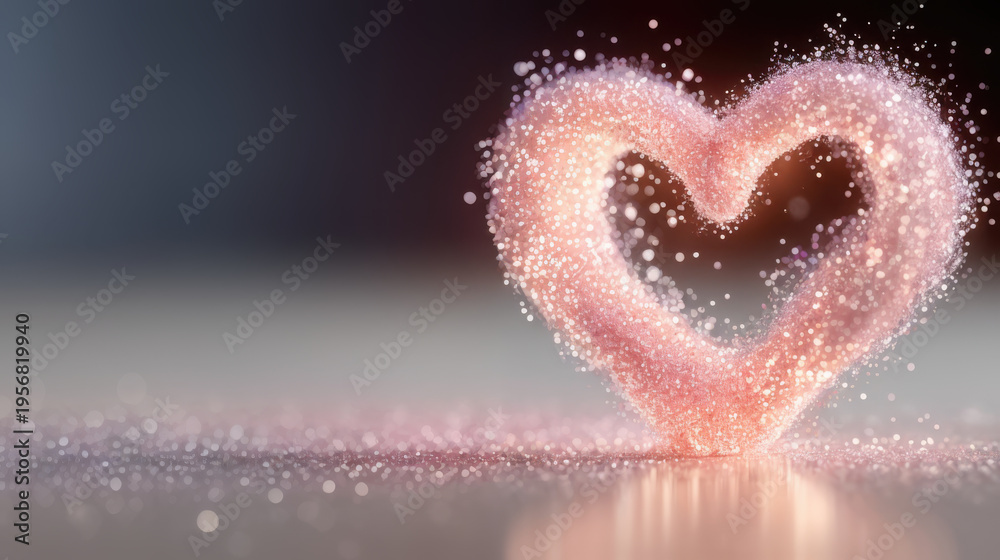 Fototapeta premium A shimmering heart composed of glittering particles floats delicately above a surface, its ethereal glow casting a soft, romantic ambiance. 