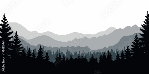 Conifer forest and mountain ranges