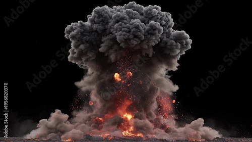 A massive explosion fills the frame with fire and smoke against a stark black backdrop