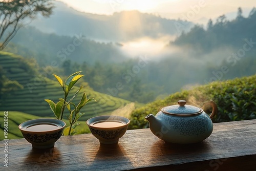 steaming ceramic teapot and two teacups with fresh tea leaves on a wooden railing overlooking misty sunlit terraced green hills in a peaceful morning