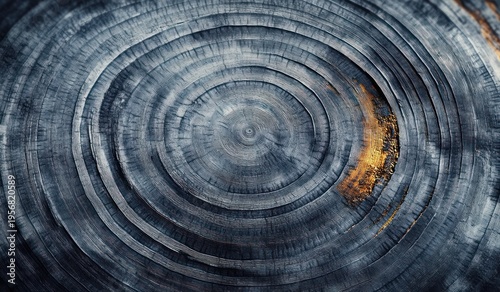 Close-up of weathered tree trunk cross-section with concentric growth rings, radial cracks and a warm golden resin highlight, evoking quiet contemplation and timelessness