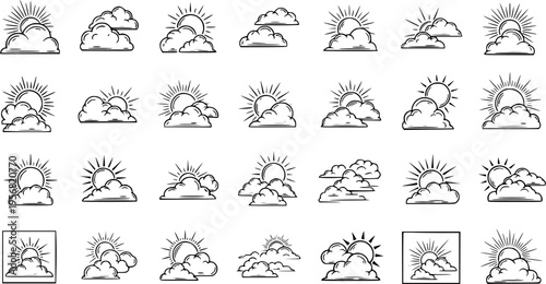 Sun and Clouds Icon Set: Variety of Weather Elements in Outline Style