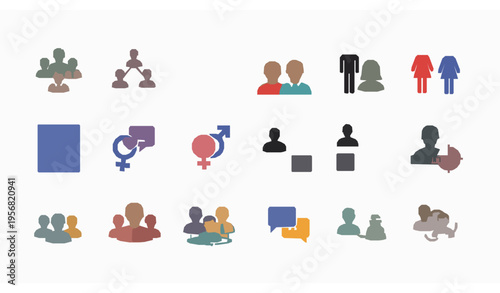Colorful teamwork and social icon set with group people restroom wc user actions and networking symbols vector