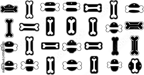 A collection of black and white bone-shaped dog tags and pet labels in various designs and orientations, isolated on a white background.