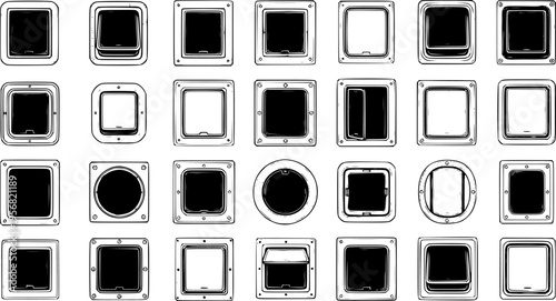 Vector Line Art Set of Flush Mount Access Hatches, Covers, and Panels. Detailed illustrations featuring various shapes (square, round, rectangular) and styles (open, closed, hinged).