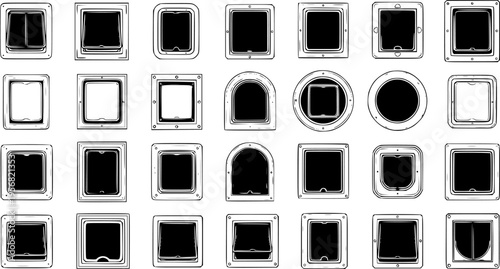 Pet Door Collection: Assorted Shapes and Styles - Black and White Vector Set