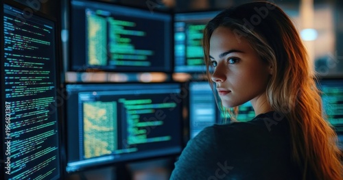Free Download person focused at a multi-monitor workstation showing colorized code in a dimly lit room, screens glowing green and blue, concentrated and absorbed in late-night programming - GFXLoad