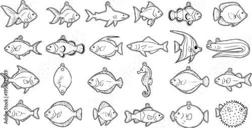 Fish Ornament Line Art Collection: Diverse Marine Animals for Holiday Crafts and Decorations
