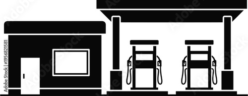 Gas station silhouette with fuel pumps and building isolated on white background, petrol service concept, transportation energy, automotive refueling infrastructure vector illustration