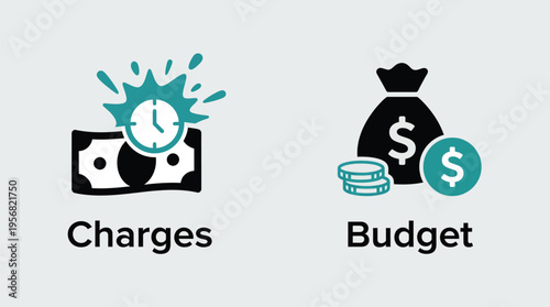 Vector graphic illustration of budget and charges concepts with money bag and clock icons