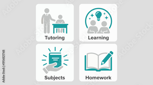 Educational icons for tutoring, learning, subjects, and homework in a vector graphic illustration