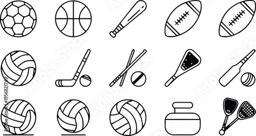 Mixed sports equipment balls bats sticks curling icons grid