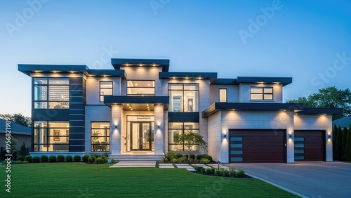 A modern luxury house with a well-manicured lawn at dusk