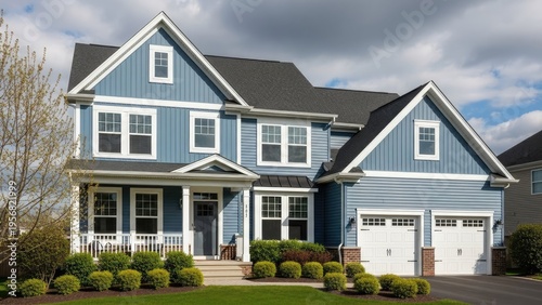 A beautiful blue house with white trim and a large front porch
