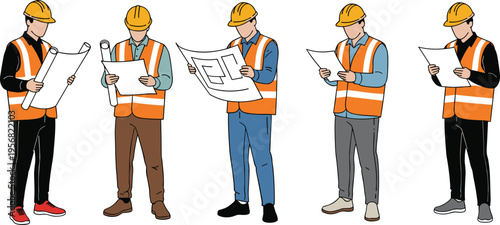 Construction workers reviewing blueprints and architectural plans, engineering teamwork, site planning, project management, and building design process in modern flat vector illustration