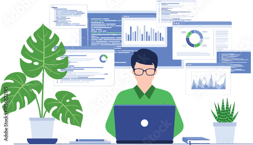 Data analyst working with coding interface and analytics dashboard, software development, data visualization, programming, and business intelligence in modern digital workspace illustration