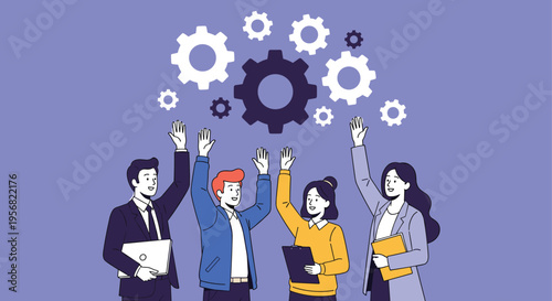 Diverse business team raising hands in collaboration with gears above, symbolizing teamwork, innovation, productivity, corporate success, creative problem solving, and modern workplace synergy concept
