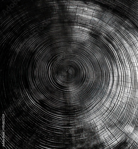 Close-up of a tree trunk cross-section with concentric growth rings and textured wood grain in black and white.